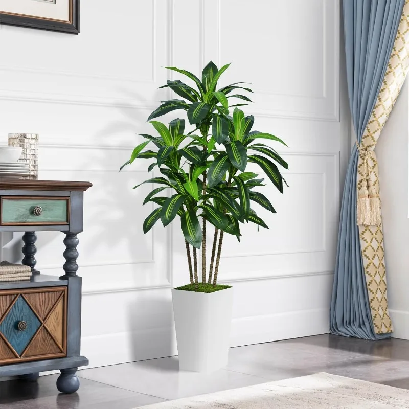 Artificial Dracaena Tree 5FT - Faux Tree with White Tall Planter - Fake Tropical Yucca Floor Plant in Pot - Artificial Silk