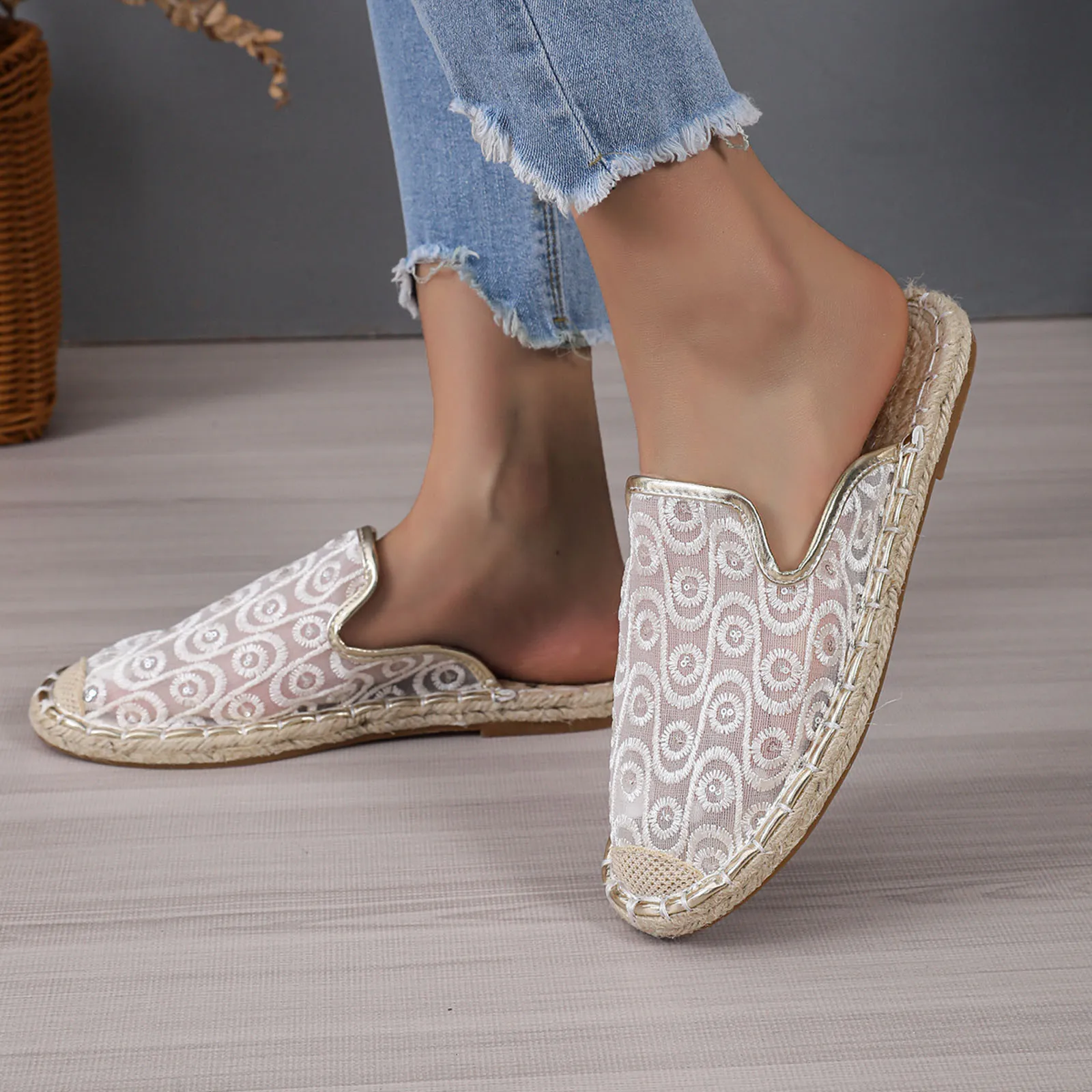 Women’S High Heel Slippers Ladies Hollow Breathable Fisherman Shoes Woven Straw Shoes Flat Bottom Casual Chaussures Femme