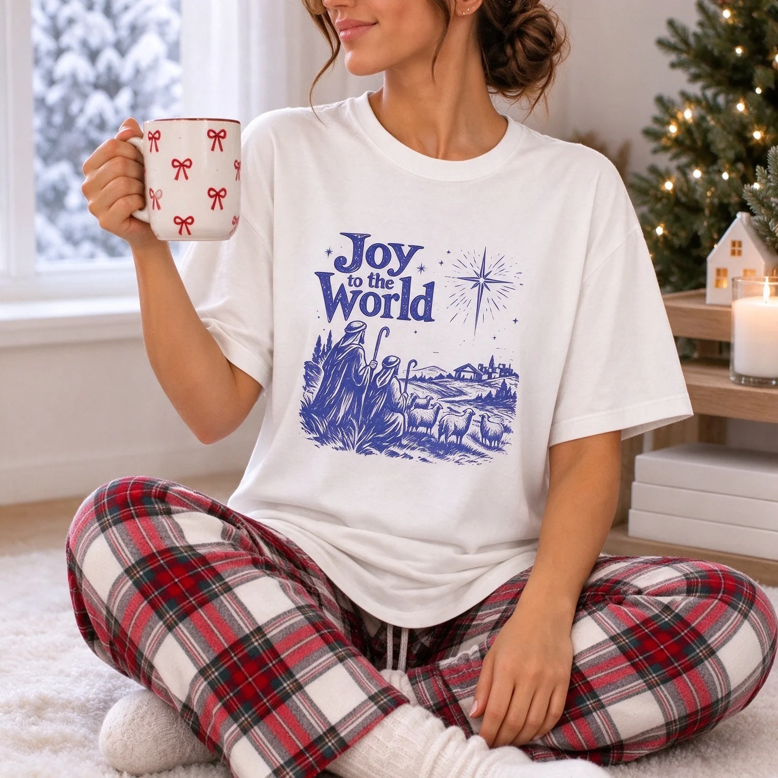 Unisex Christmas Short Sleeve T Shirt Joy To The World Shepherd Sheep Star Print Tees Vintage Soft Cotton Tops Nice Gift for Men