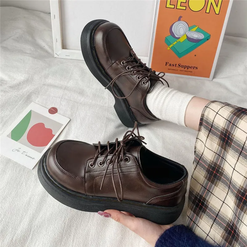 British Black brown Shoes for Women Lace Up Women Casual Shoes Low Ladies Comfortable Shoes Zapatillas Mujer Oxford platform