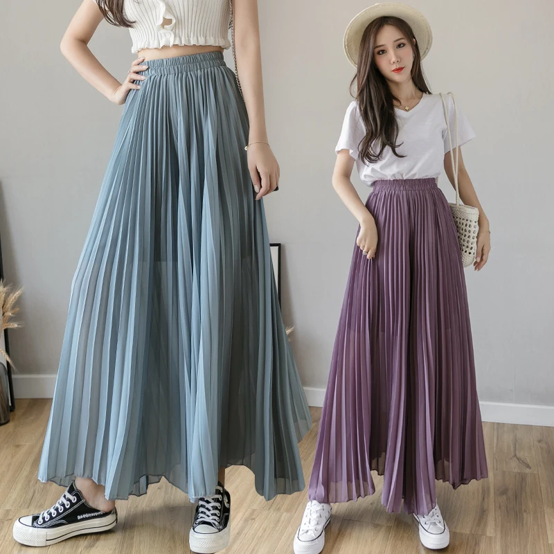 

Women'S Summer Pants New Chiffon Pleated Wide Leg Pants Black White High Waist Elastic Loose Solid Casual Beach Ladies Palazos