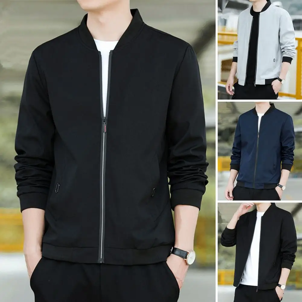 Loose Fit Work Gym Jacket Men's Casual Baseball Coat with Stand Collar Zipper Placket Pockets Long Sleeve Outwear for Work Gym