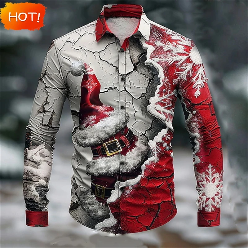 

New 3d Print Santa Claus Graphic Long Sleeve Men's Button Shirt Casual Fashion Party Men Clothing Autumn Spring Lapel Shirt Tops