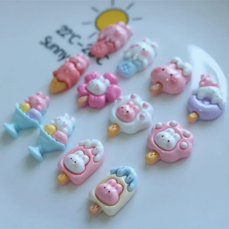 5pcs miniso series cute rabbit ice cream cartoon resin flatback cabochons diy crafts materials jewelry making charms