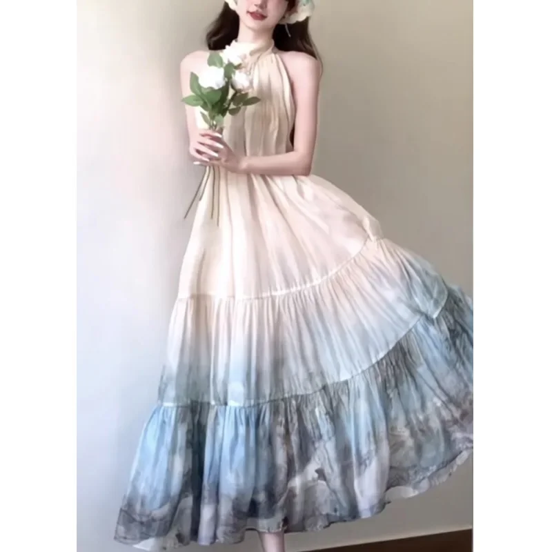 New Chinese style printed dress with a hanging neck  long skirt for vacation large swing half skirt