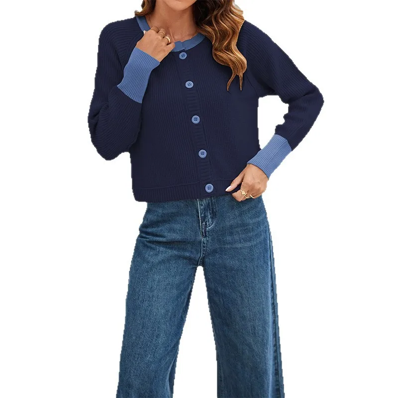 سترة تنقل غير رسمية لعام 2025 للنساء ملابس خريفية سترات ملابس منزلية محبوكة بألوان متباينة وأكمام طويلة ضيقة