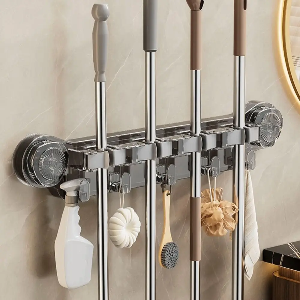 

Практичный пластиковый держатель для швабры на присоске, многоразовый компактный держатель для швабры, настенный держатель с крючками, стойка для зажима для швабры для дома