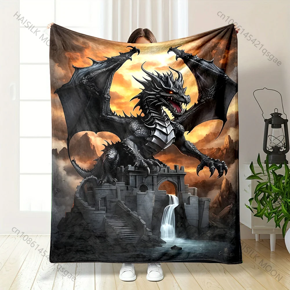 Multiple size Black dragon guarding castle Print Blanket Warm Soft Suitable for All Seasons for Home Sofa Travel Camping Picnics