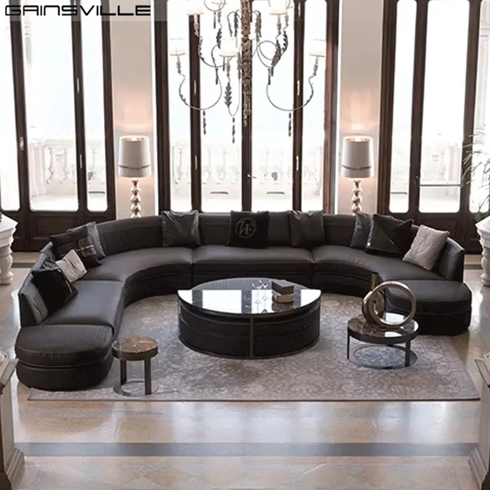 Italian Villa Hotel Furniture Suede Nubuck Leather Designer Arc U Shape Corner Sectional Sofa Set
