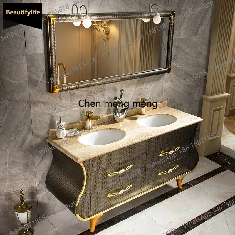 

D80 Nordic Luxury Golden Bathroom Mirror Wall-mounted Modern Simple Ceramic Bathroom Cabinet Combo Furniture