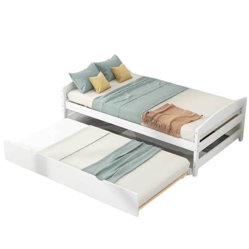 White Wood Bed Frame with Silent Casters Adjustable Double Size for Small Bedrooms