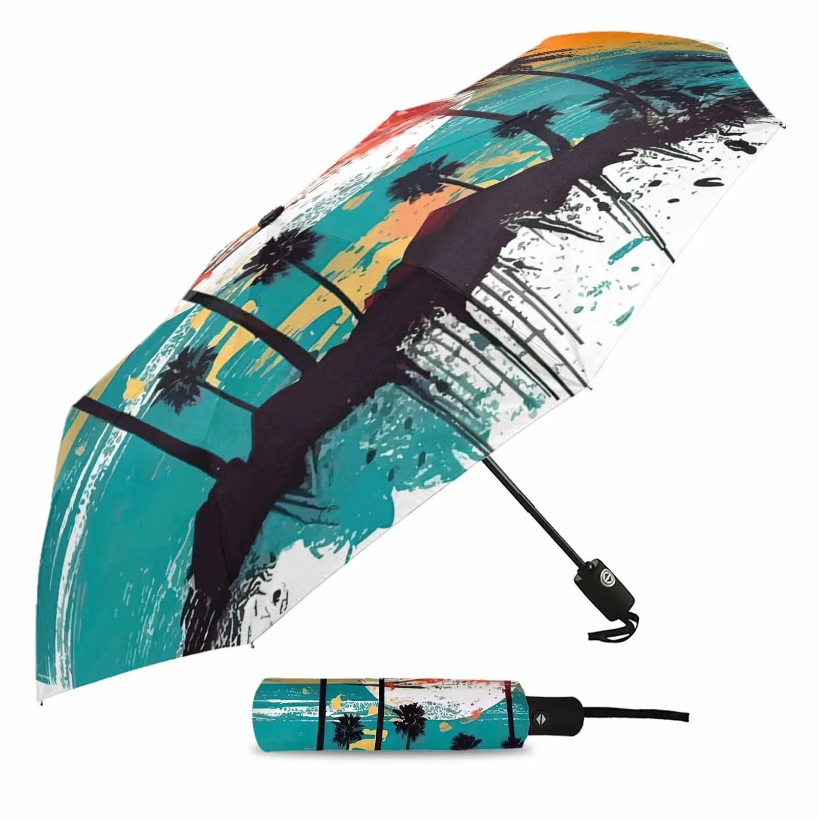 Graffiti Summer Island Coconut Tree Sea View Outdoor Fully-automatic Folding Eight Strands Umbrellas for Adults Printed Umbrella