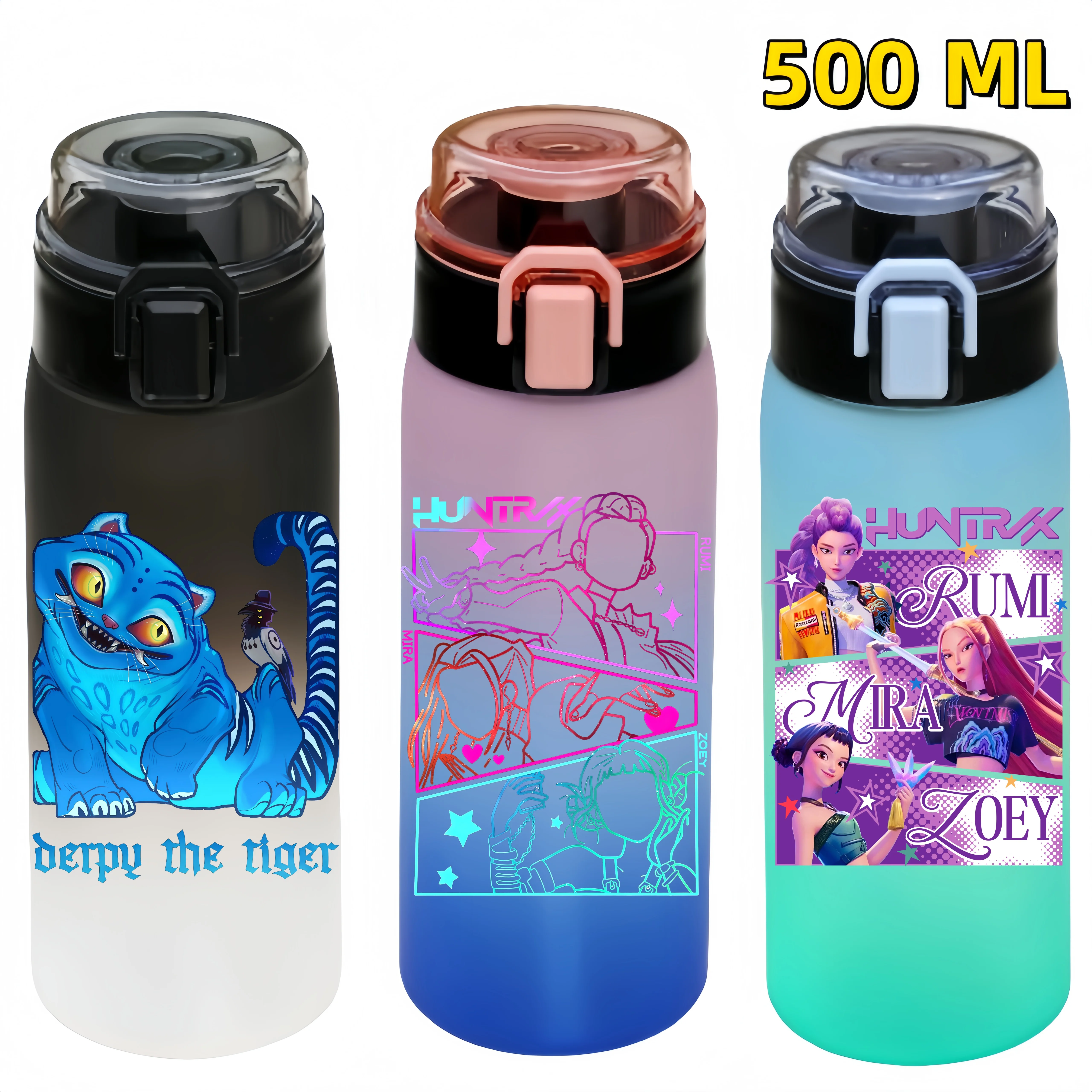 

500ML K Pop Demon Hunters Water Bottle Girls Summer Sports Large Capacity Water Bottle Cartoon Figure Printed Plastic Bottles
