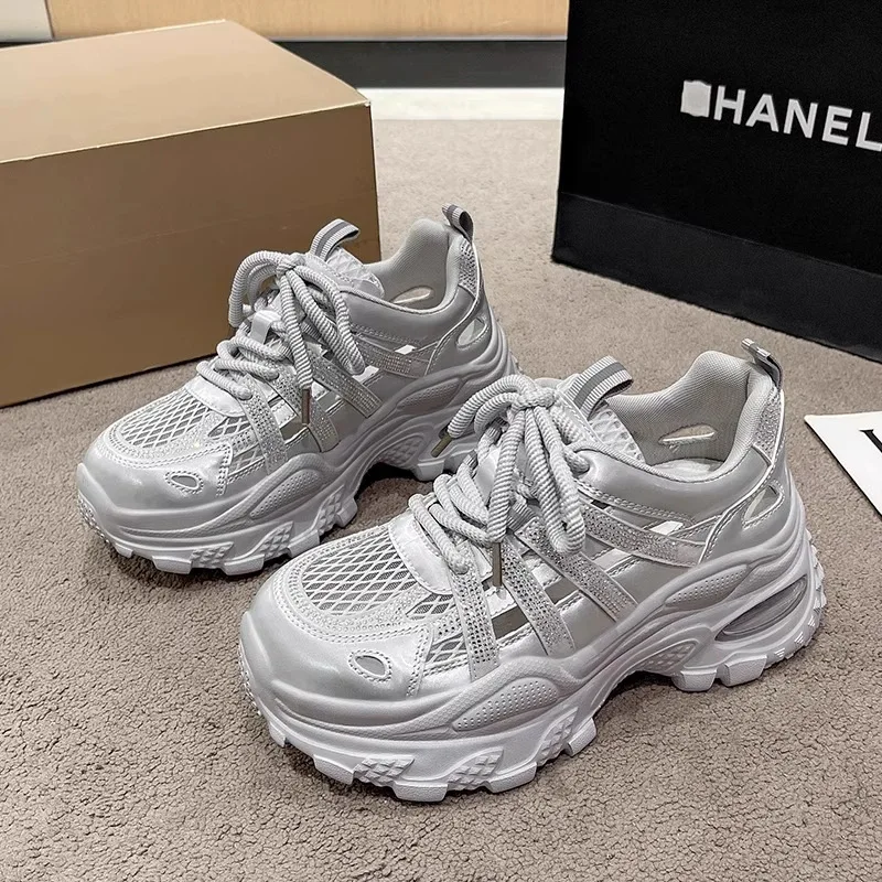

Platform White Shoes Women 2025 New Summer Breathable Mesh Hollow Inner Height Increase silver Dad Shoes Casual Sneakers