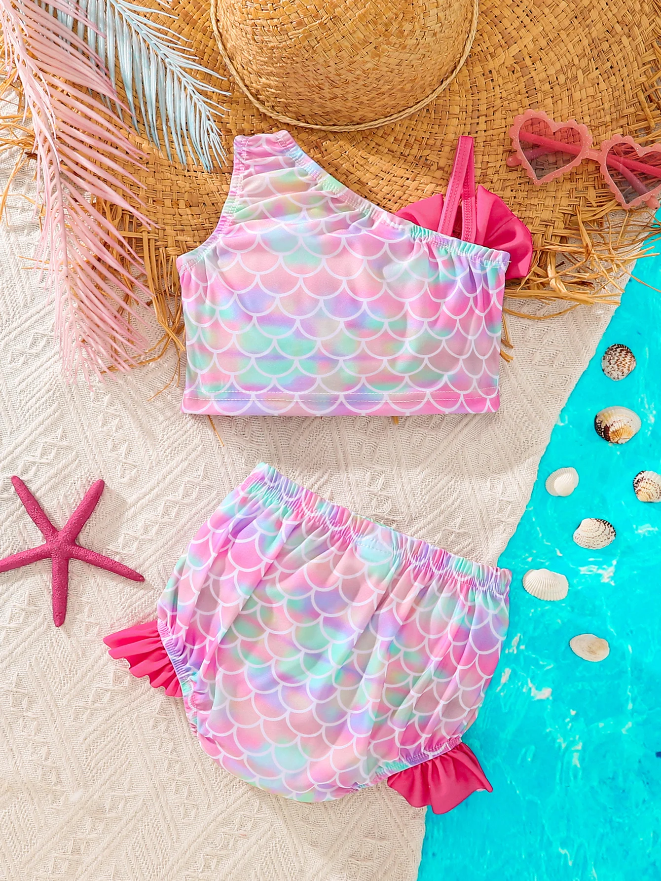 2pcs Summer Girls Rainbow Mermaid Scale Bikini Set, One Shoulder Bow Ruffle Swim Shorts, Dreamy Princess Swimsuit, Beach/Pool