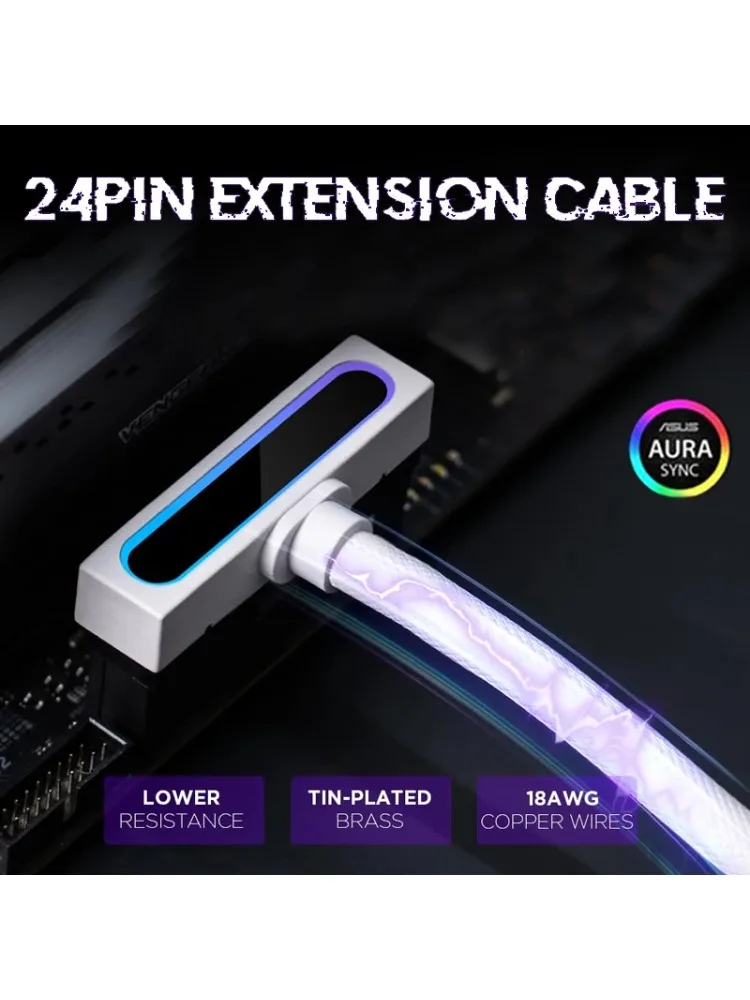 Przedłużacz zasilacza ATX 24-pin do płyty głównej PC z oświetleniem ARGB 5V 3-pin 90 stopni °   Zestaw kabeli PC CPU z kątowym złączem 90 stopni, 30 cm, połączenie jednoprzewodowe — zdjęcie produktu 7