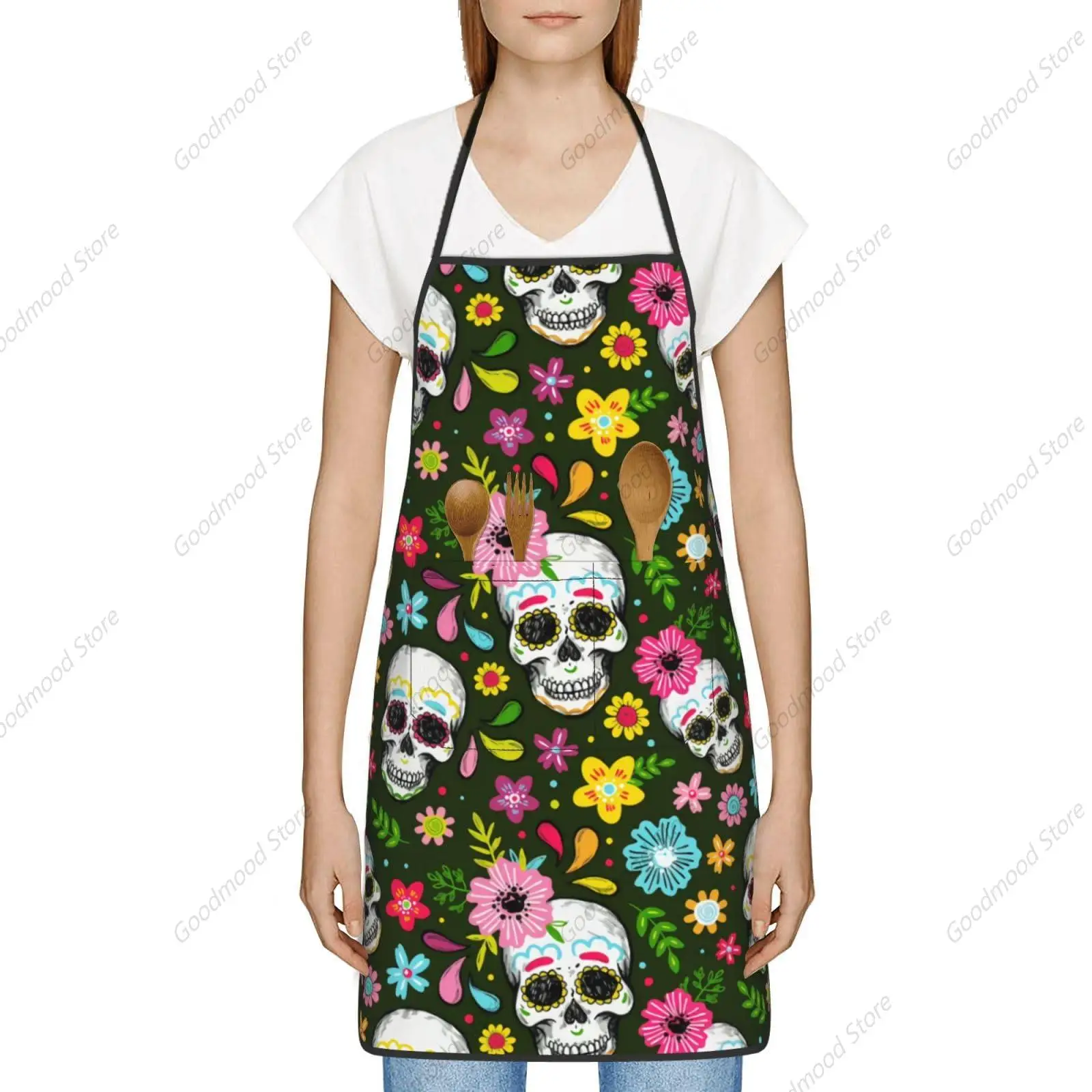 mexican day of the dead cute sugar skull pretty flower sugar skull apron,cooking for men women,kitchen chef adjustable garden