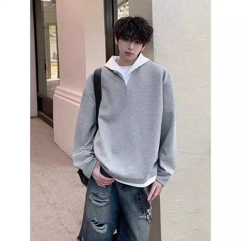

Fake Two-piece Hooded Color Matching Sweater Men's Spring New Teen Loose Casual Jacket Comfortable and Fashionable Temperament