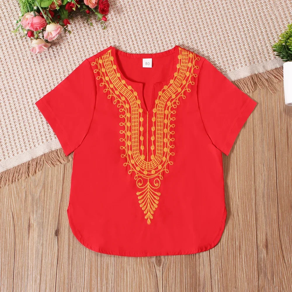 3-8Y Muslim Kids Boys Summer Tops Embroidery Short Sleeve Blouse African Saudi Arabic T-Shirts Traditional Dashiki Boy Clothing