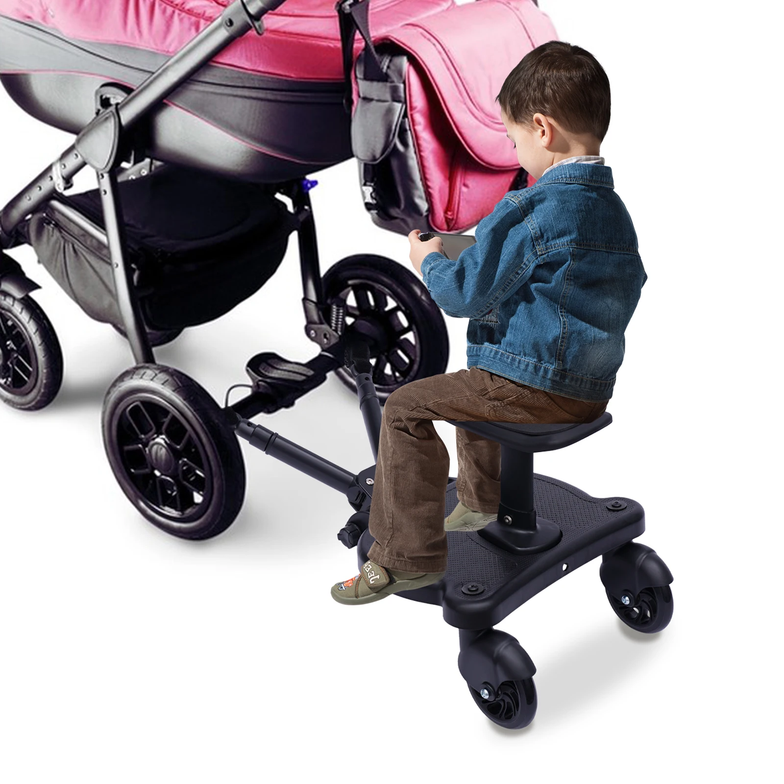 Stroller Board Universal 2in1 Stroller Ride Board Buggy Wheeled Board Seat Pedal with Detachable Seat Standing Board