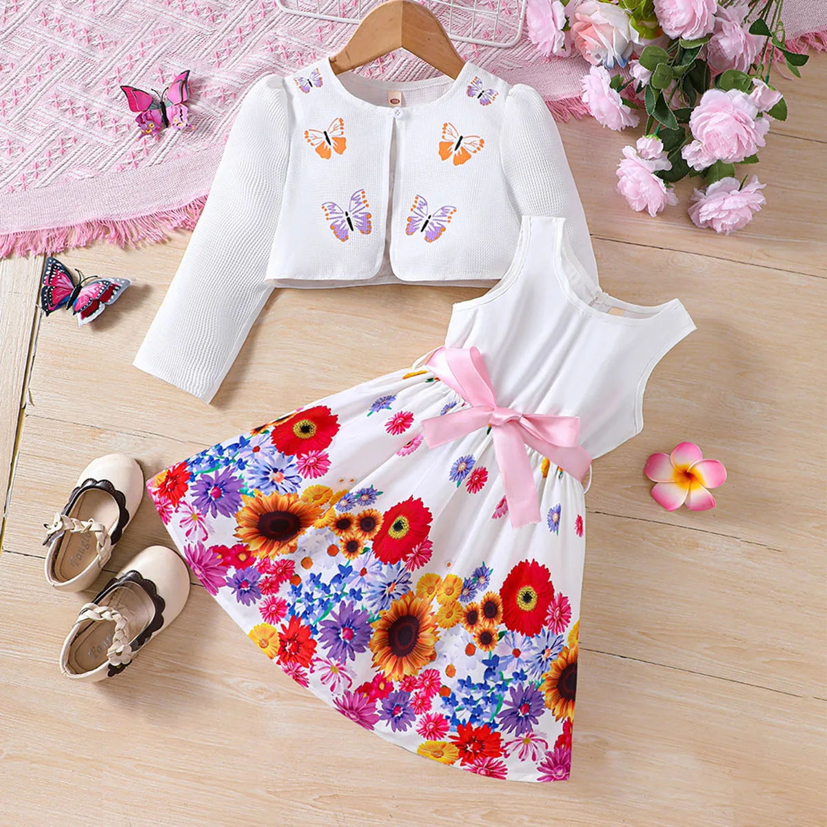 Little Girls Autumn/Winter Floral Printer Birthday Party Graduation Ceremony Holiday Dress+Cape