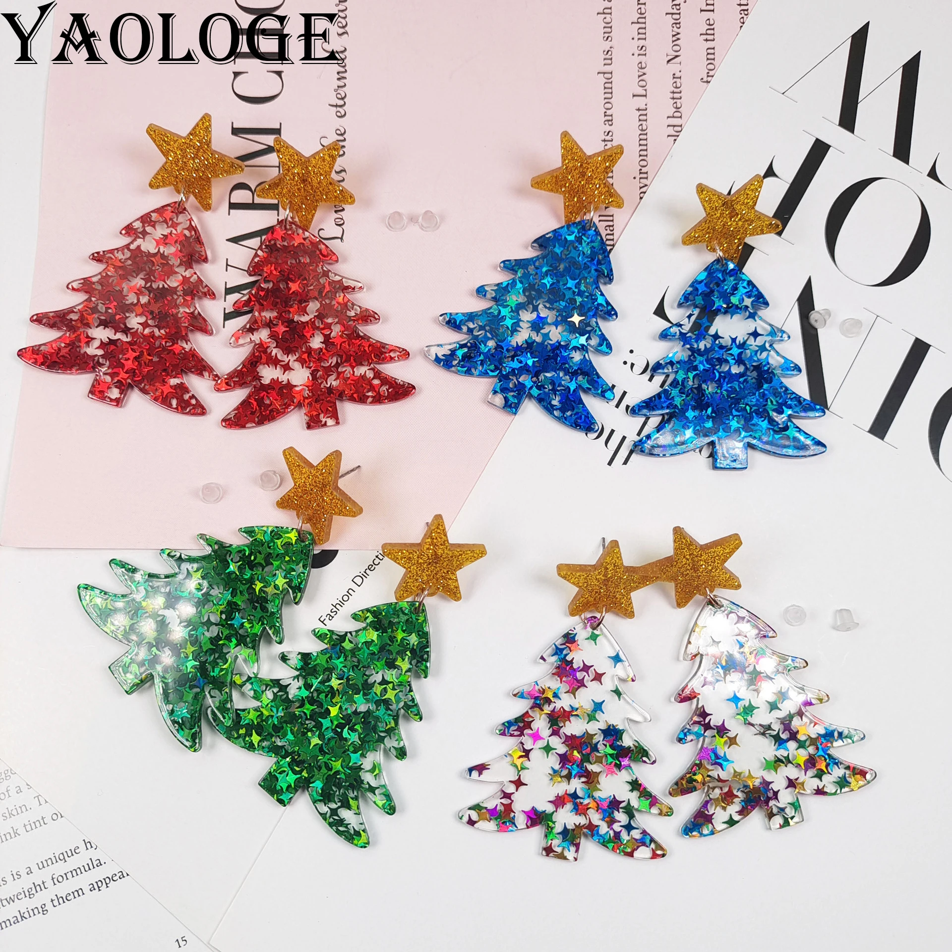 

YAOLOGE New 4-Color Pentagram Christmas Tree Earrings Transparent Acrylic Twinkle Star Design Women Fun Christmas Gift Eardrop