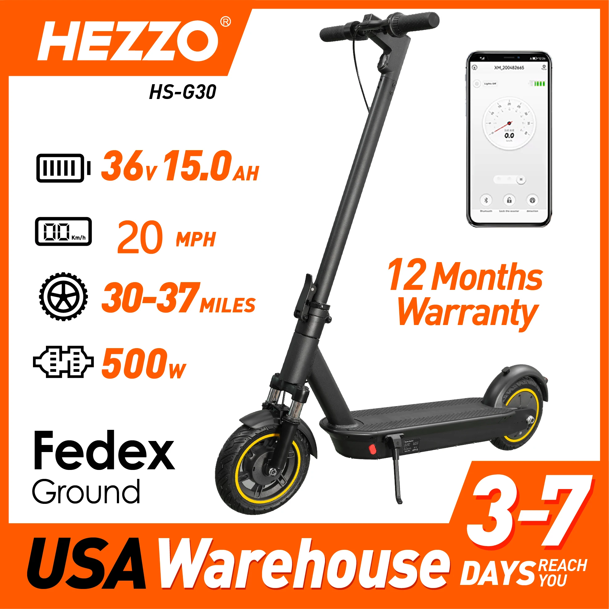 HEZZO G30 Electric Scooter Range 37.5Miles 36V 15.6Ah 500W 264.56lbs10inch Front Suspension Electric Kick Scooter US Warehouse