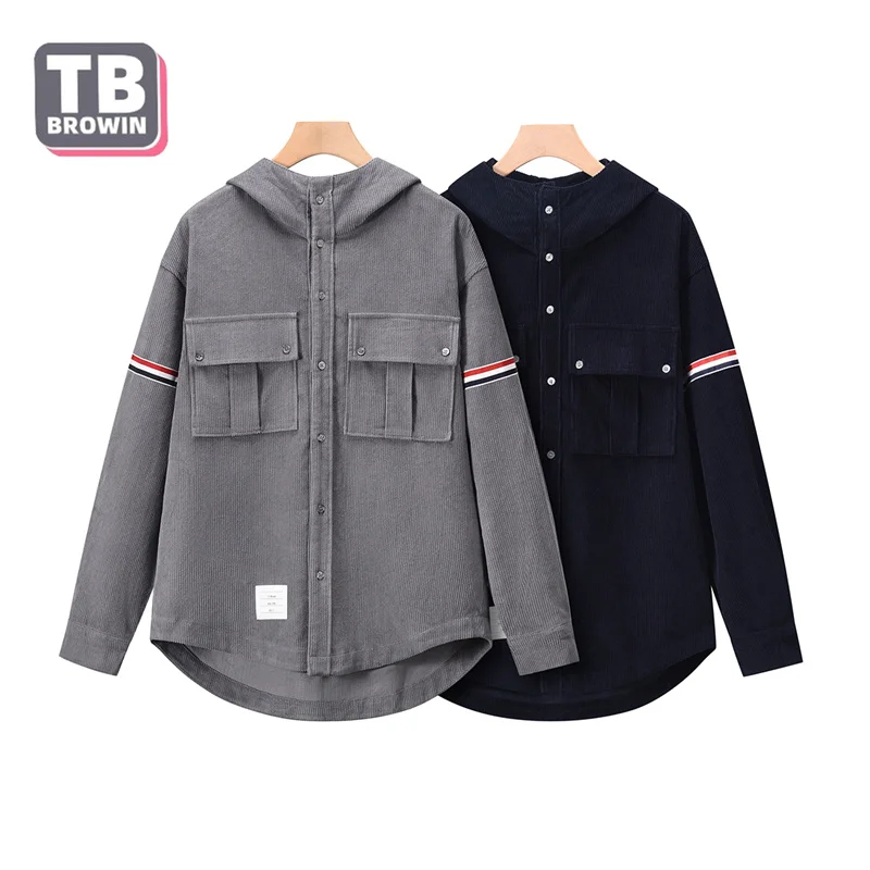 TB YJ03 Brand Men's corduroy shirt  hooded jacket Pocket Design Fall Winter Luxury Striped four bars leisure