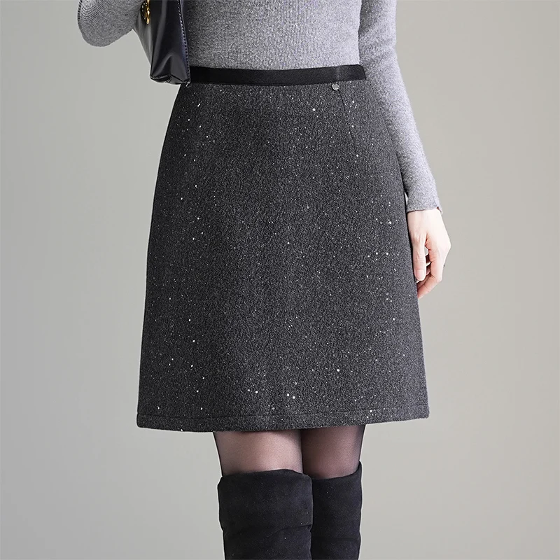 

iny Sequin f-length Thiened Woolen A-line ort Skirt Women's High-waist Slimming Autumn Winter Versatile Wraparound S...