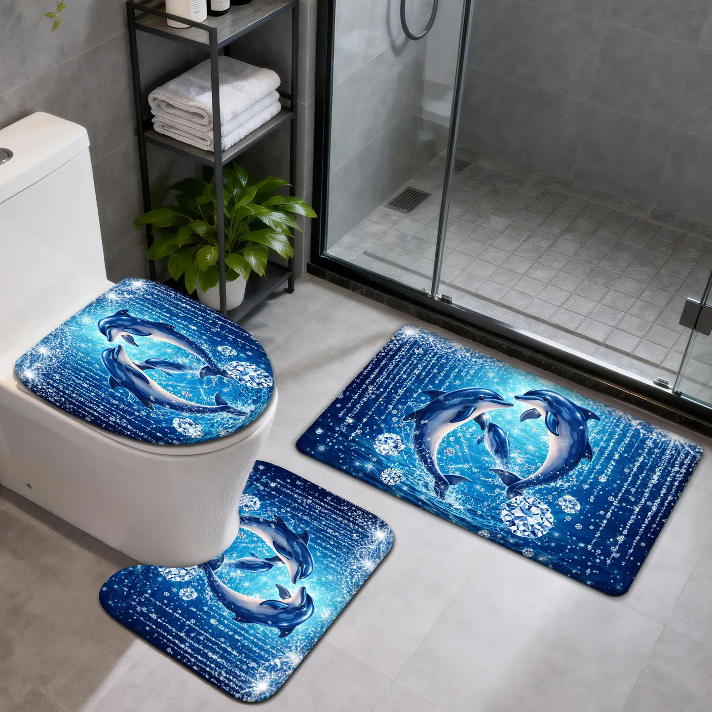 

3PCS Dolphin Print Bathroom Set Blue Sea Life Non Slip Toilet Lid Cover Floor Mat U Shaped Rug Home Decor