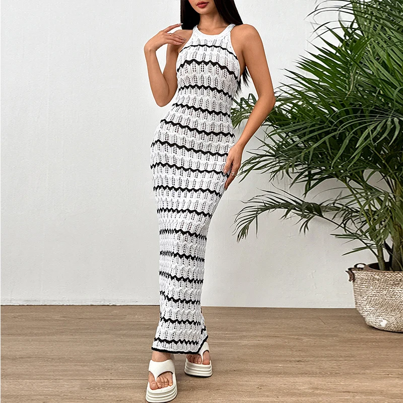 Европейские и американские новые сексуальные накидки с круглым воротником, вязаное черно-белое платье без рукавов, пляжная одежда, женский праздник