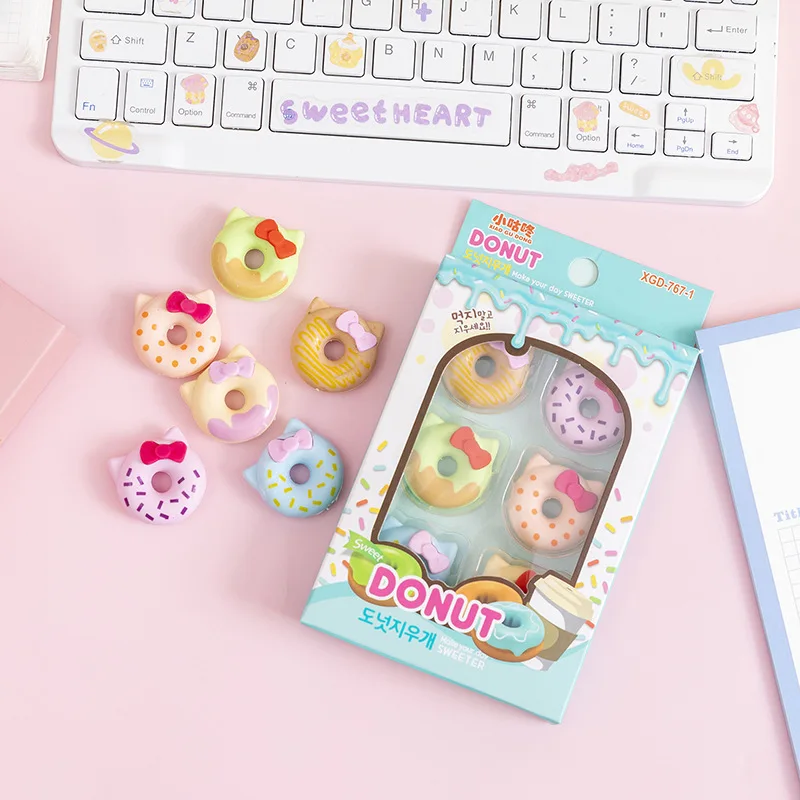 Juego de gomas de borrar de goma para escribir y dibujar, suministros escolares de papelería, Kawaii, Color caramelo, lindo gato, Donut, 6 unids/lote por caja