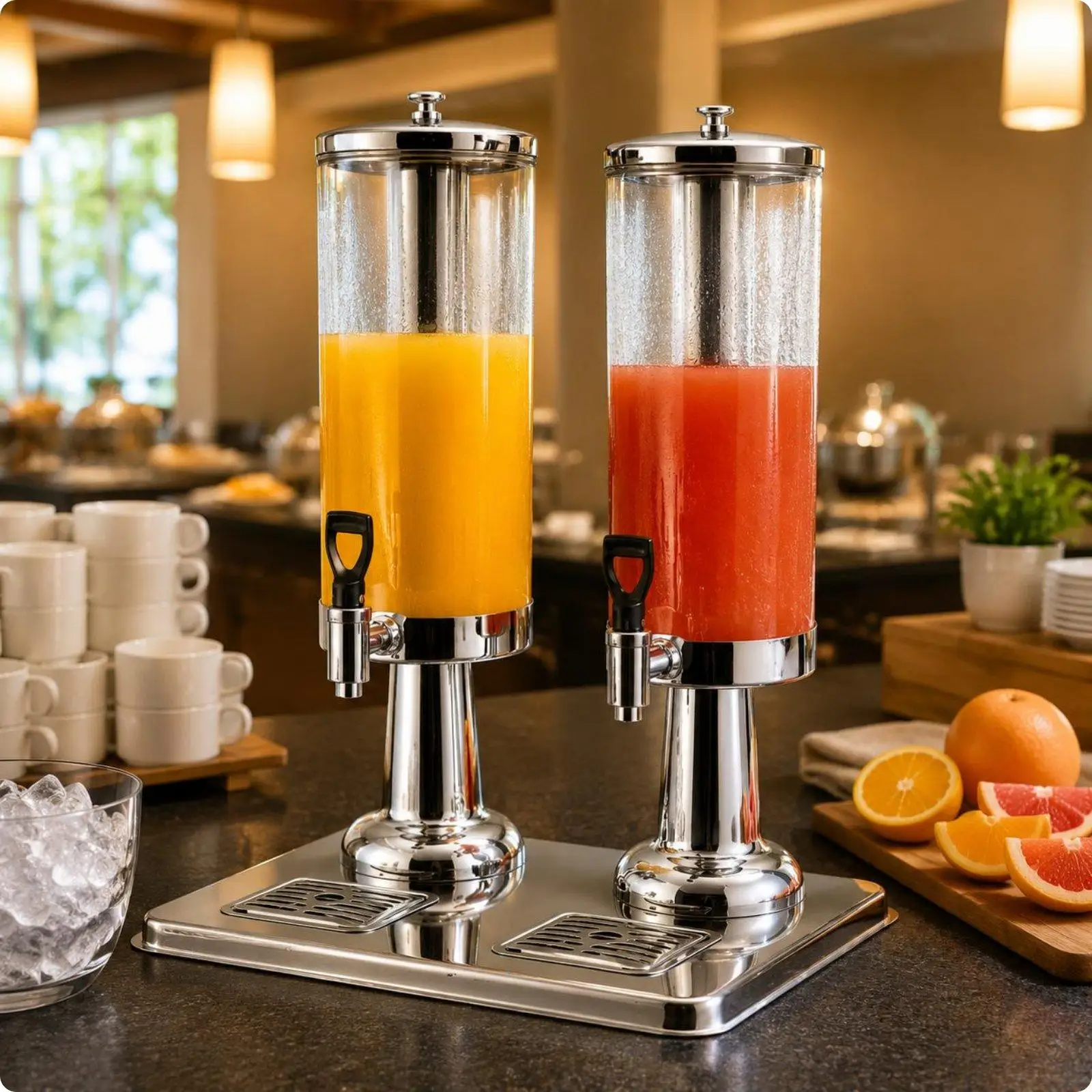 Double Head Juice Dispenser Round Cylinder Drink Server with Visible Tank for Restaurant Service Area