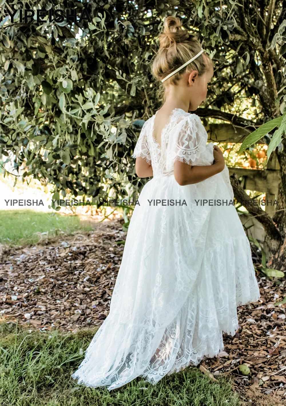 Yipeisha – robe en dentelle à fleurs pour filles, longueur au sol, robe de première Communion pour enfants à manches courtes, ligne a, robe de soirée formelle pour enfants