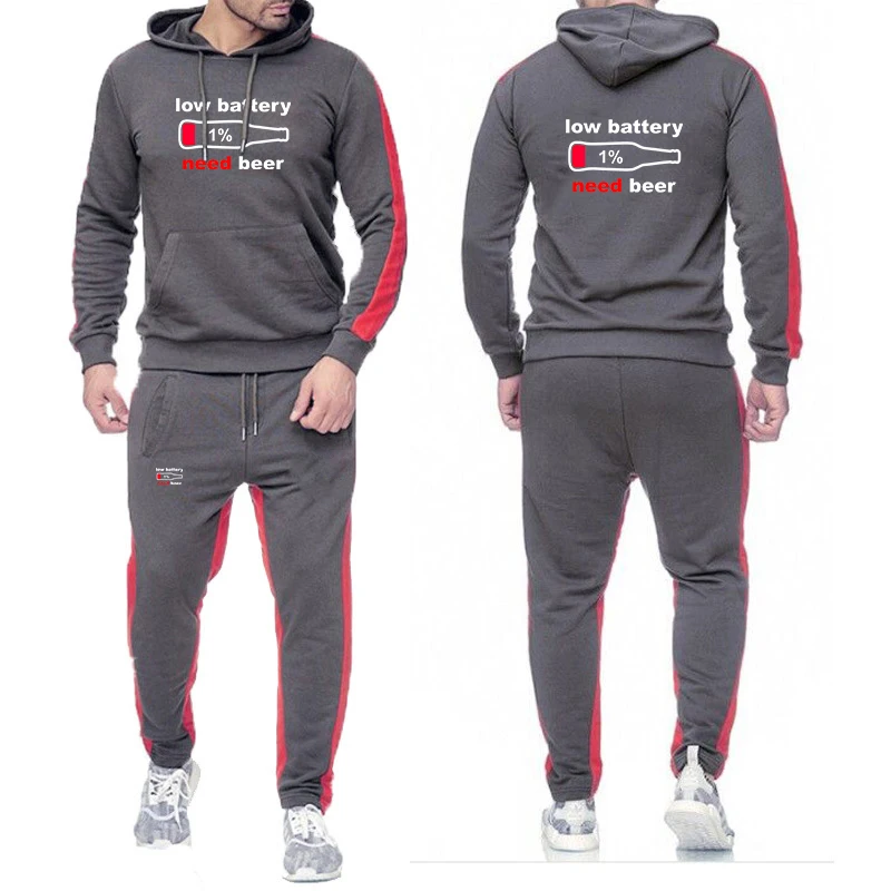 Funny Low Battery Need Beer Drinking Party Logo Print 2025 Spring And Autumn Men's Classic Generous Hoodies Pants Suits