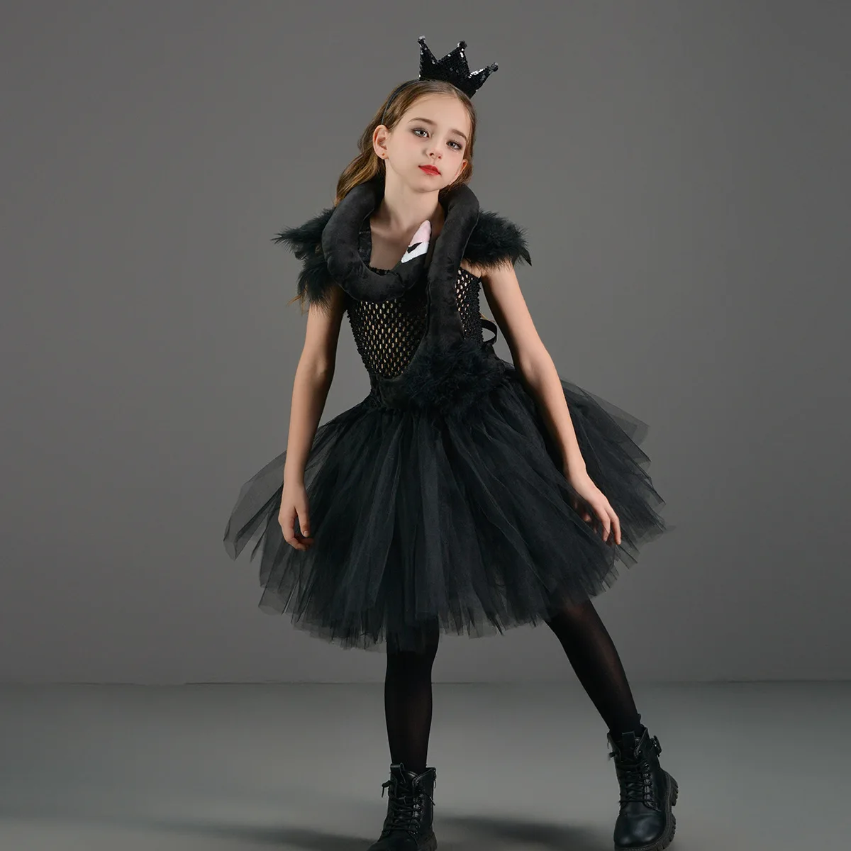 Kids White Black Swan Feather Princess Style Tulle Dress With Acessory For Halloween Party School Stage Performance Mesh Clothes