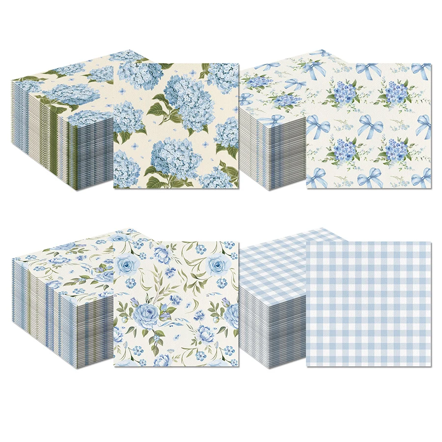 20 Serviettes en Papier Jetables à Motif Floral Hortensia Bleu Aquarelle pour Douche Nuptiale, Thé en Plein Air, Décoration et Decoupage