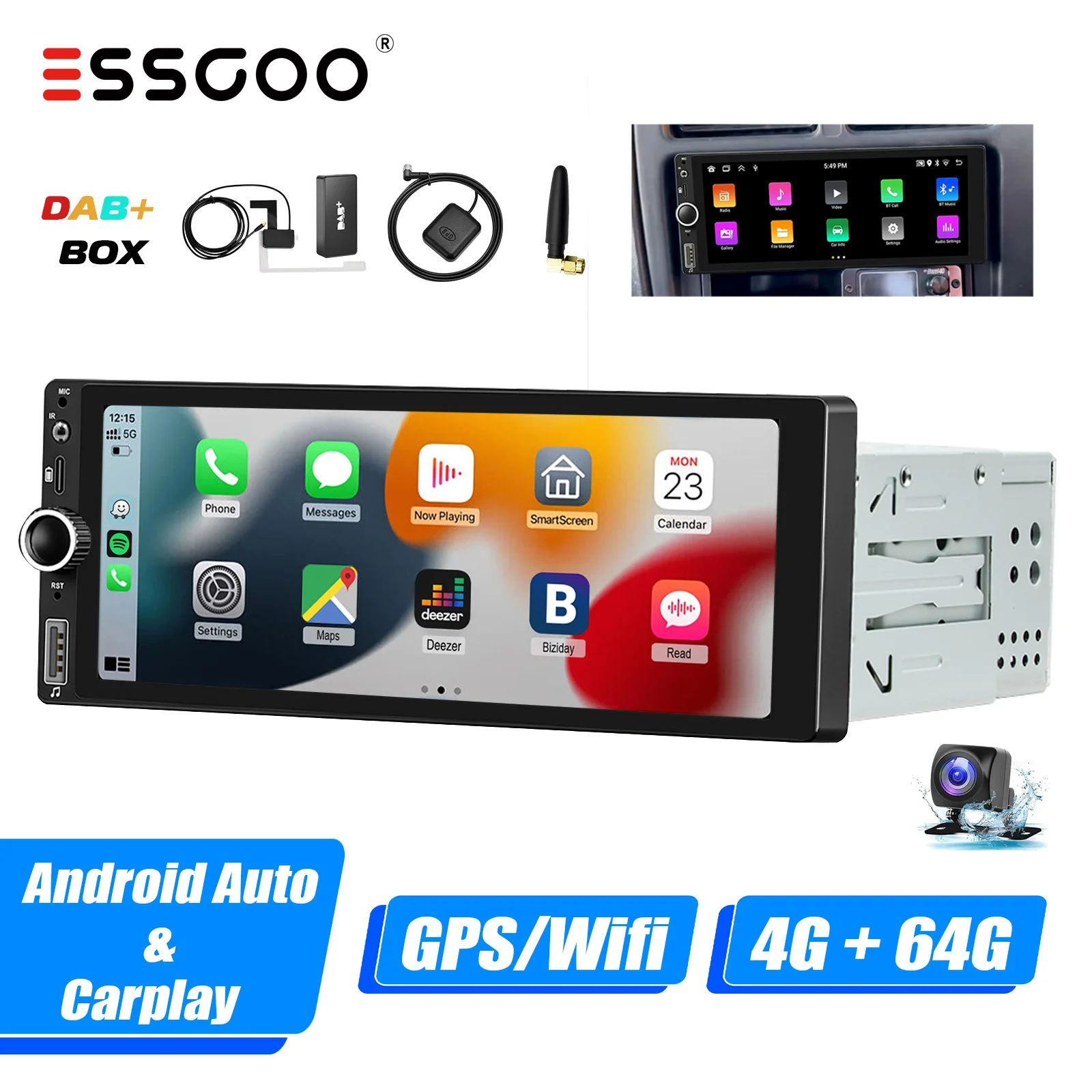 ESSGOO 1 DIN Android 14 4+64G Apple Carplay Android Auto Autoradio 6.86" IPS Scherm Bluetooth USB Type-C GPS SAT Navi RDS Wi-Fi SWC USB