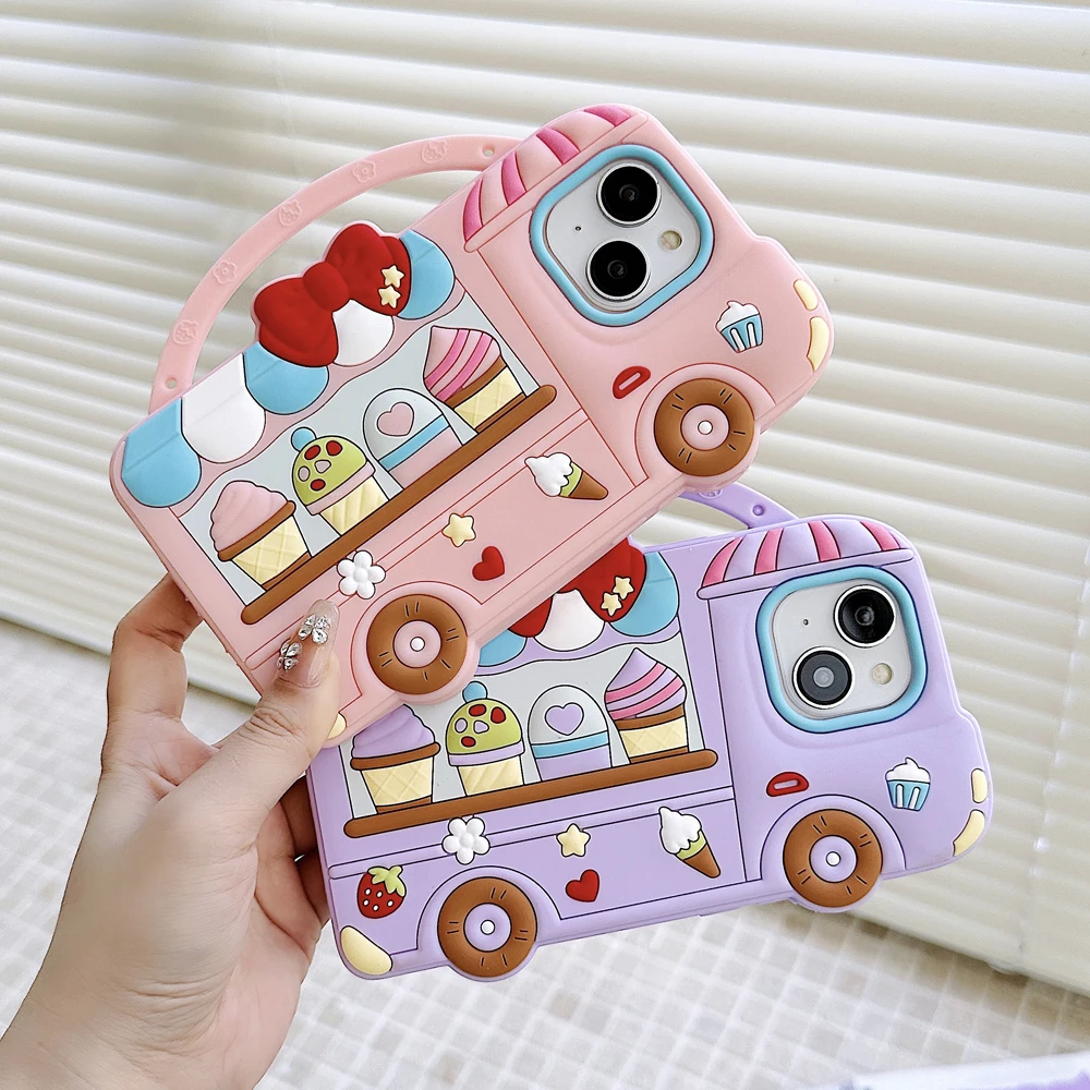 

3D Dessert Bus Handheld Anti-Skid Soft Silicone Case for iPhone 12 13 14 15 15Pro,16 16 Pro Max Protective Phone Back Cover Skin