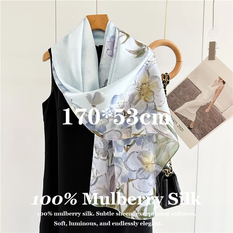 

100% Natural Silk Scarf Shawl Wrap 170x53cm for Travel Beach Vacation Silk Fashion Breathable Scarves Echarpes Bufanda Accessory