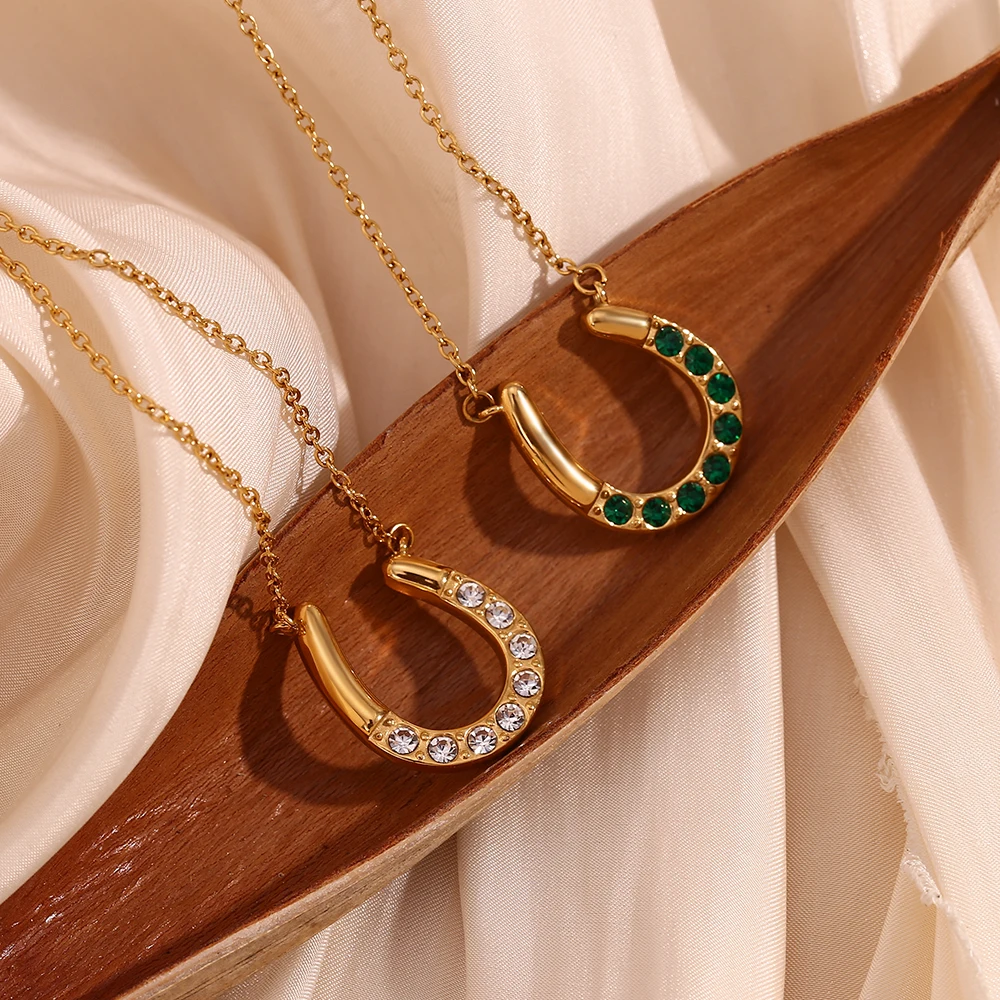 MamacitaSlay 18K Gold Plated Sparkling Horseshoe U-shaped Pendant O-chain Women\'s Stainless Steel Necklace Jewelry On The Neck