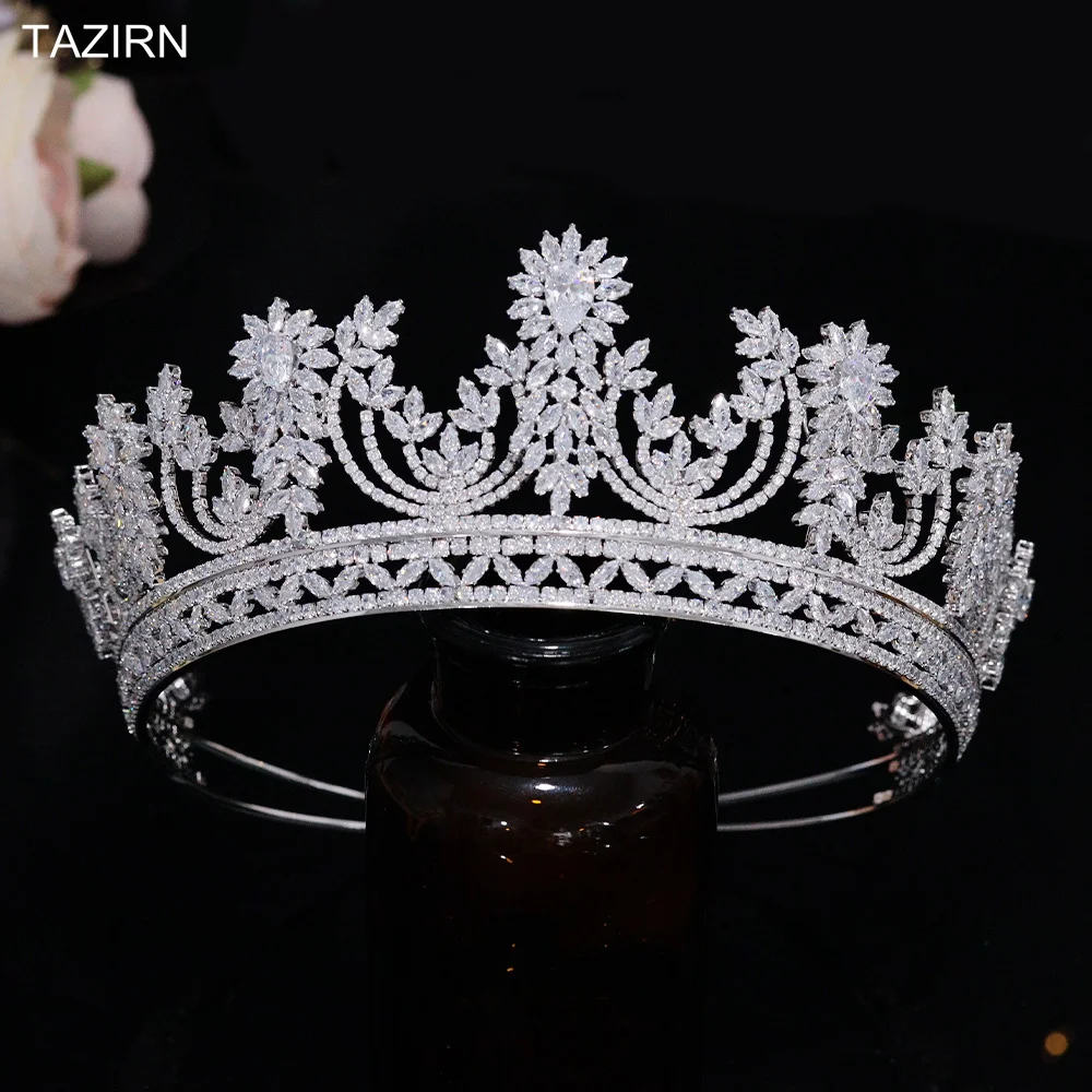 

TAZIRN New Cubic Zirconia Wedding Bridal Crowns Princess Queen Handmade Big Tiaras Saudi Arabia Gold Silver Headpieces for Women