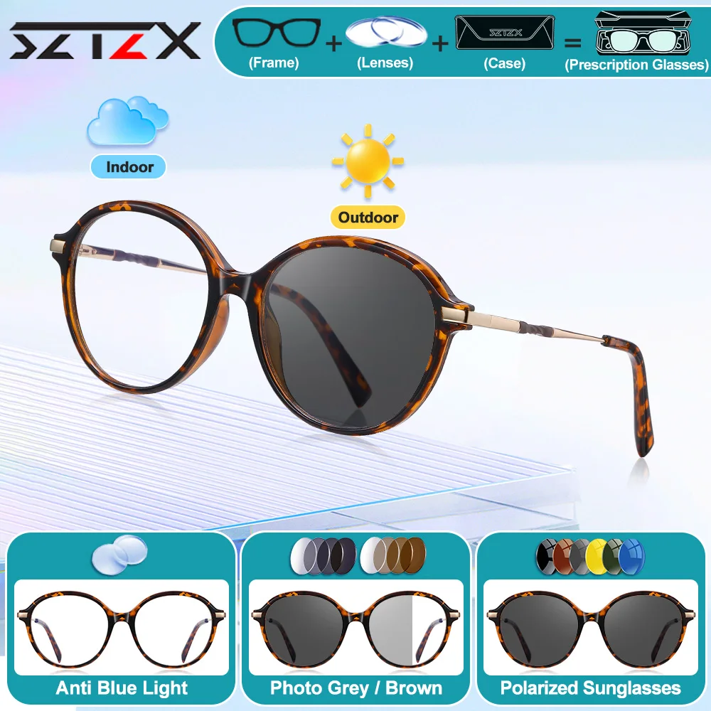 

SZTZX Trendy Round Frame Workplace Anti Blue Ray Prescription Computer Glasses For Women Myopia Photochromic Multifocal Eyeware