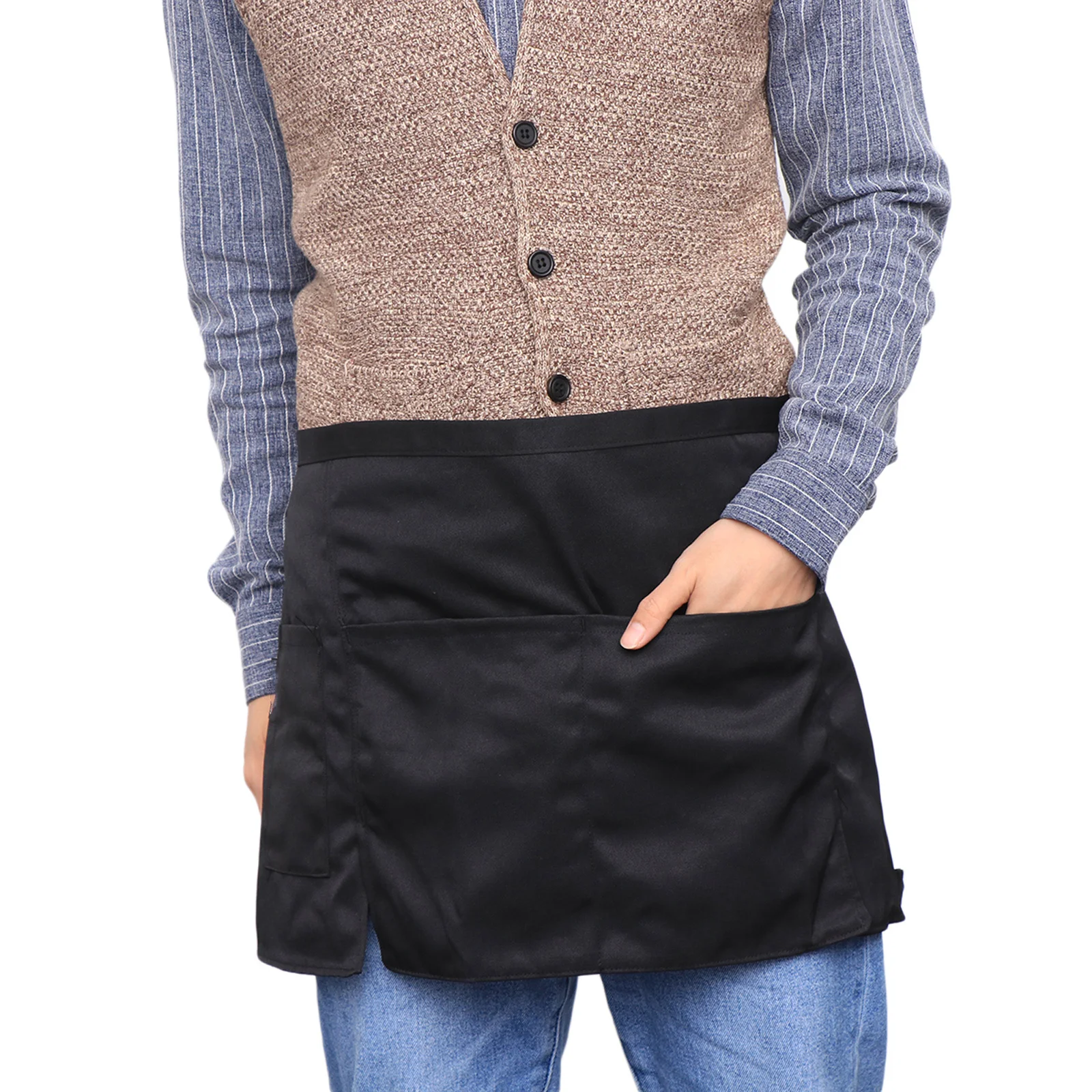 

Short Waist Kitchen Apron Black Half Waist Bib Large Pocket Cooking Baking Cleaning Gardening Waitress Maid Costume