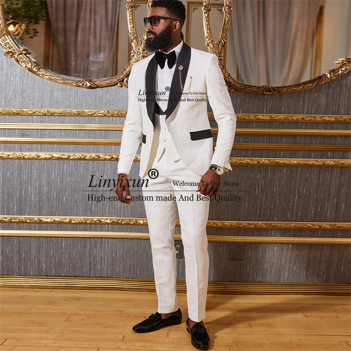 

White Jacquard Wedding Suits For Men Shawl Lapel Groom Tuxedos 3 Piece Groomsmen Blazer Sets (Jacket+Vest+Pants) Costume Homme