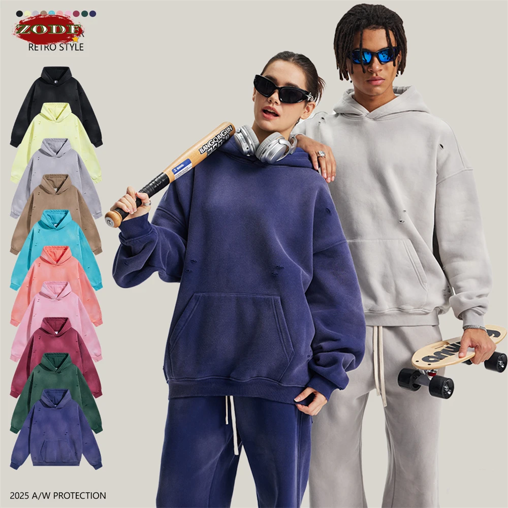 ZODF Vintage Winter Washed 360gsm Fleece Hoodies For Men Unisex Oversized Warm Ripped Holes Hooded Pullovers Coats HY0949