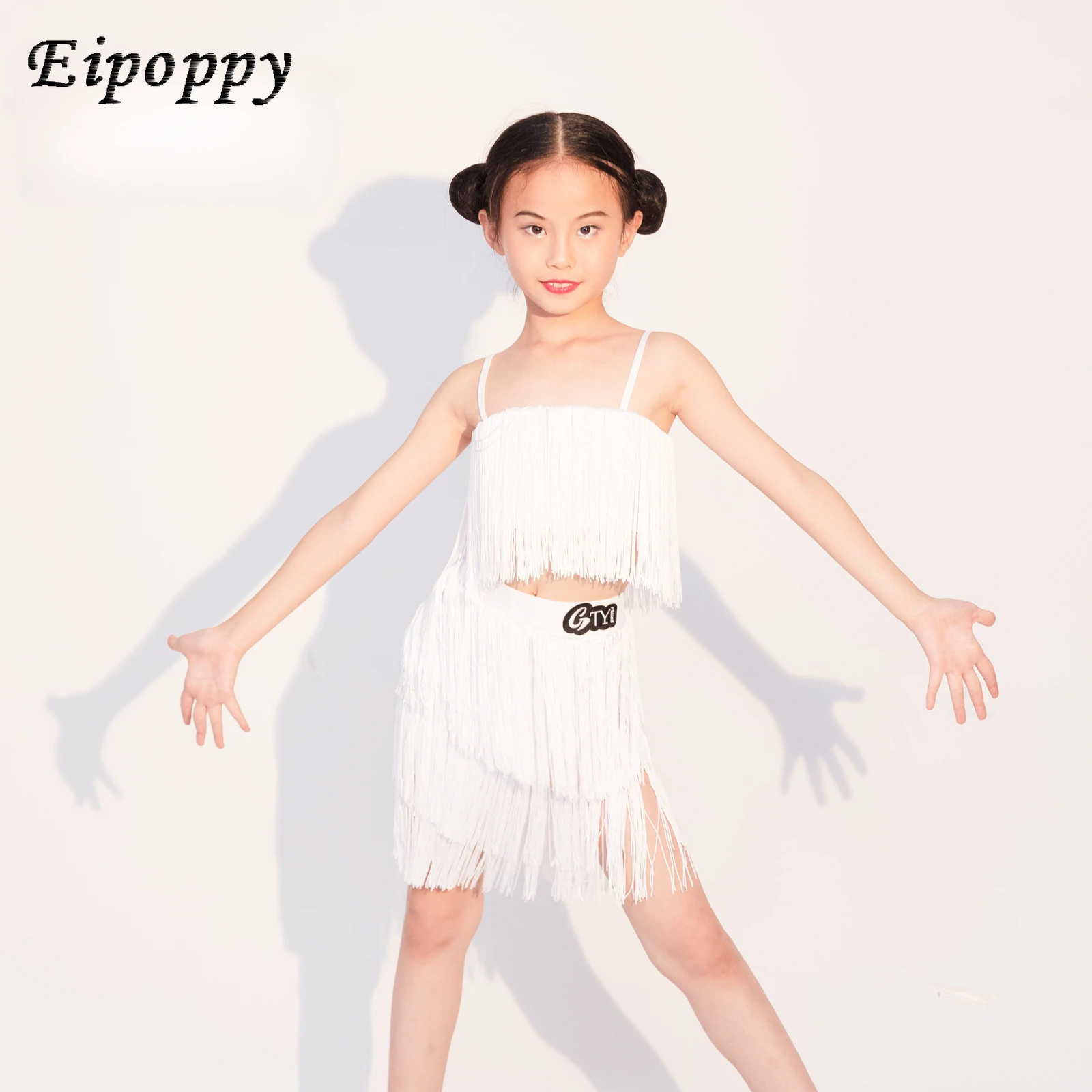 女の子のためのタッセル付きラチンダンスウェア、子供用ストラップ、ダンスコスチューム、運動服