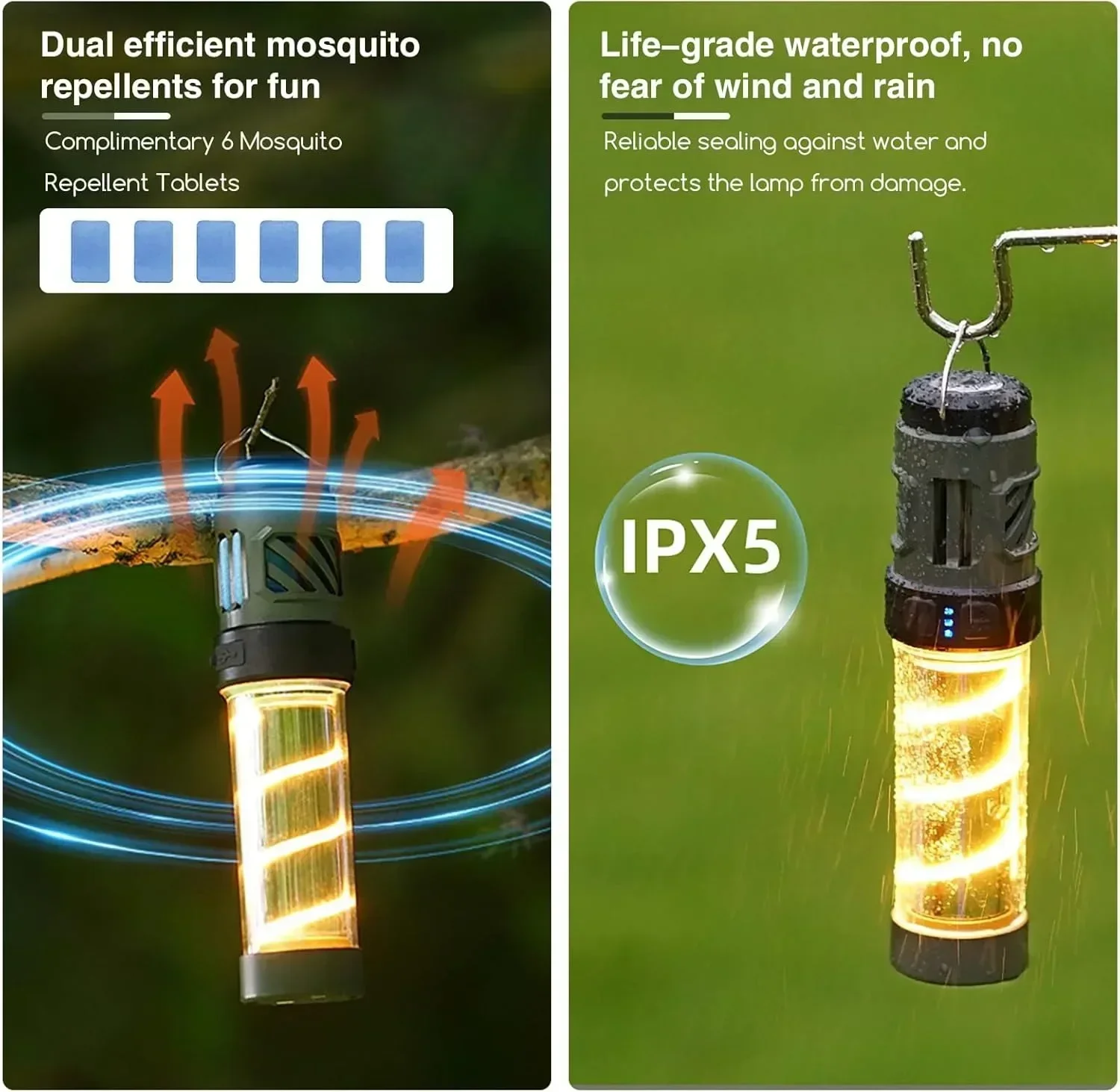 BALDR Multifunktions-Camping-Taschenlampe, 3000 mAh, wiederaufladbar, tragbar, LED-Taschenlampe, Außenbeleuchtung, Mückenschutzleuchte mit Stativ