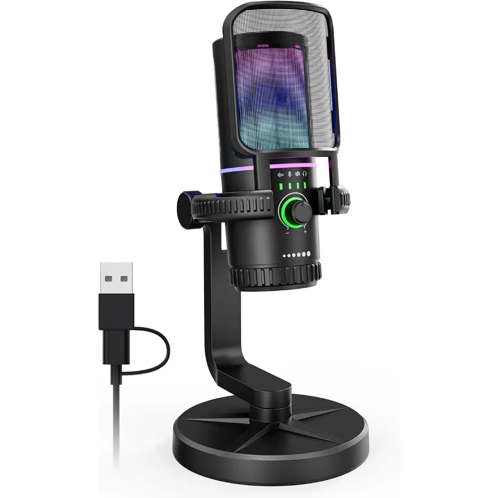 Microphone with Noise Canceling, Gain Control for Streaming, Gaming, Podcasts - RGB Lighting, Accessories
