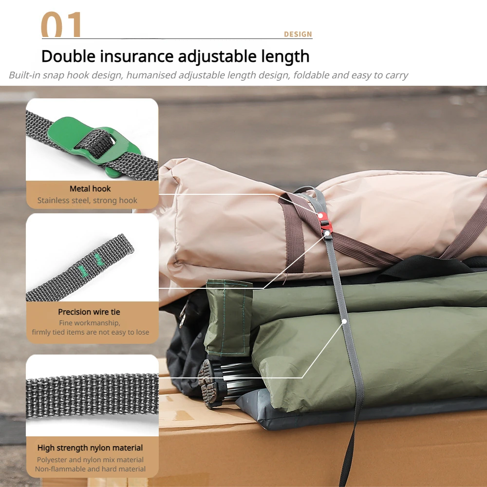 2.5m Hiking Climbing Buckle Tie-Down Cargo Strap Outdoor Travel Backpack Nylon Tape Rope with Quick Release Hook Camping Gear